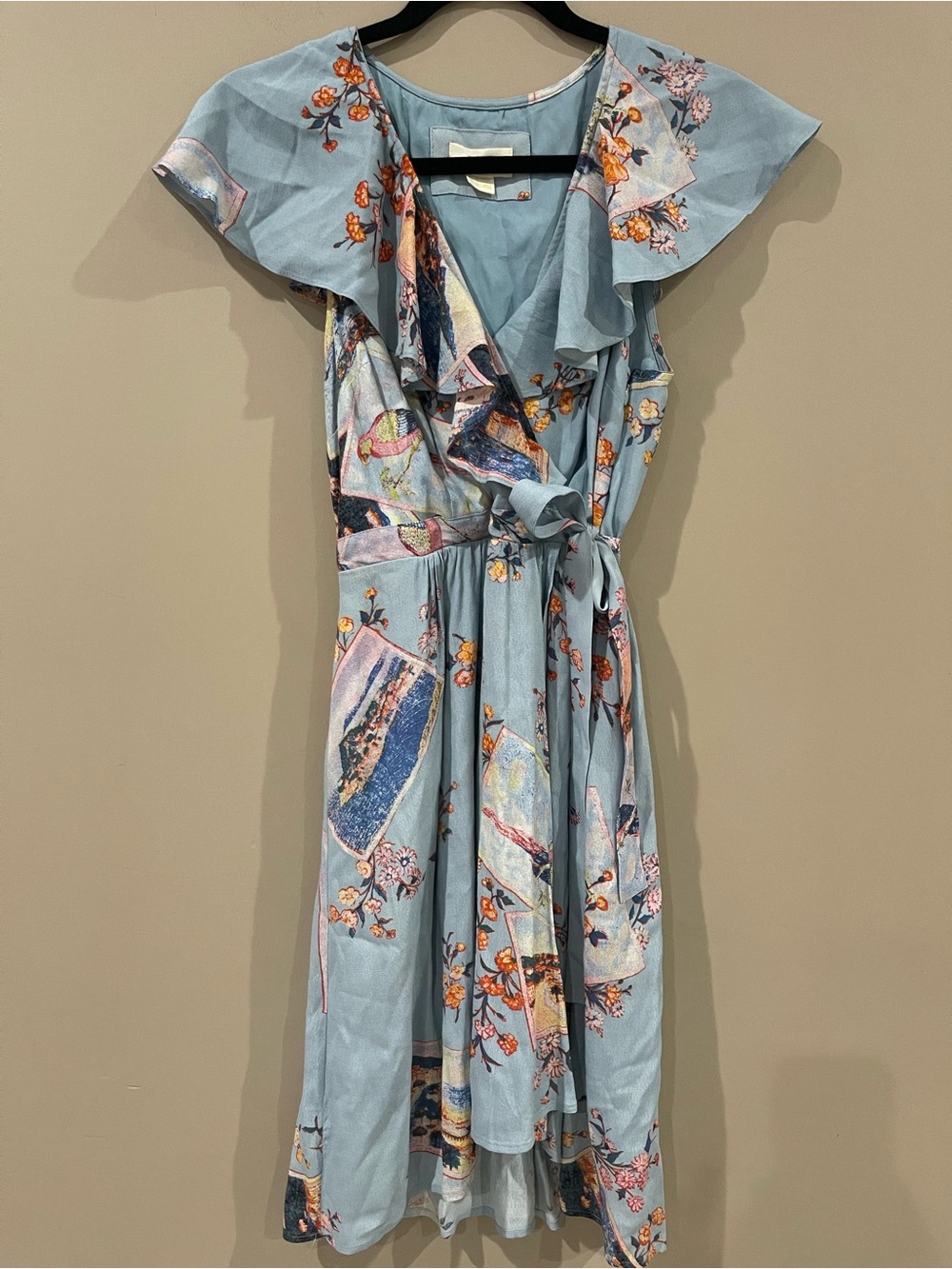 Maeve Light Blue Floral Wrap Dress with Ruffle Sleeves